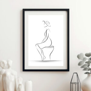 Minimalist Line Art Bathroom Print – Woman Sitting on Toilet – Digital Wall Art
