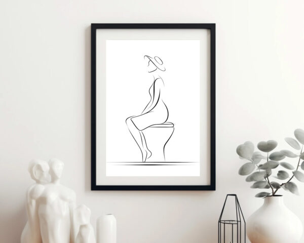Minimalist Line Art Bathroom Print – Woman Sitting on Toilet – Digital Wall Art