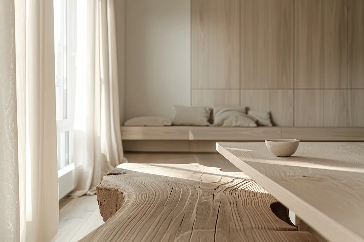 Crafted minimalist interior with raw woo