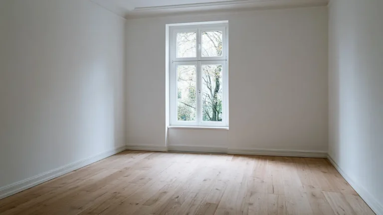 The starting point: a plain, unfurnished bedroom with bare walls and a tall window — the blank canvas for a Parisian vintage transformation.