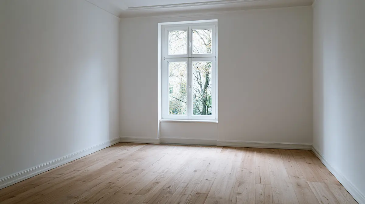 The starting point: a plain, unfurnished bedroom with bare walls and a tall window — the blank canvas for a Parisian vintage transformation.