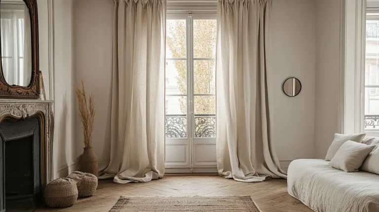 Parisian apartment salon showing floor-length linen curtains