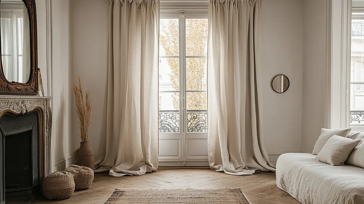 Parisian apartment salon showing floor-length linen curtains
