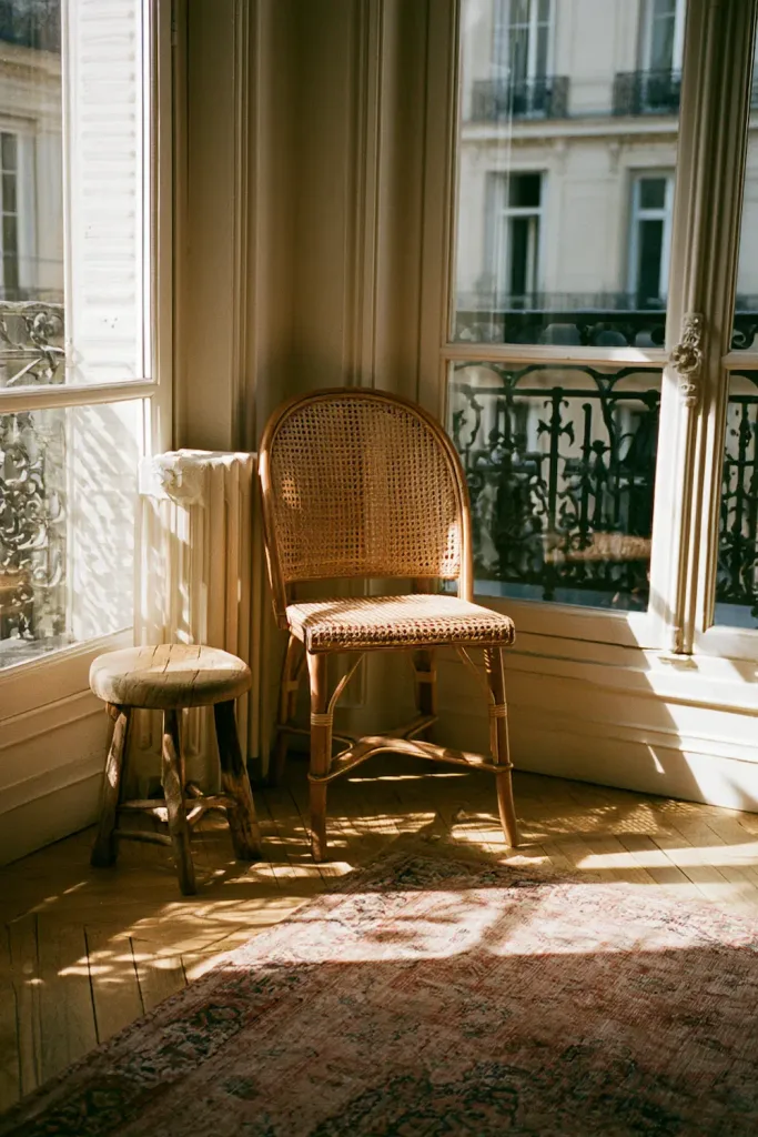 A single woven bistro-style chair tucked into a reading corner beside a small wood stool, the kind of mixed, collected seating that genuine French bistro furniture brings to a room.