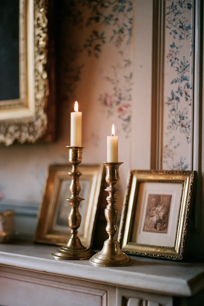 A pair of brass candlesticks of slightly different heights on a mantel beside a small framed print, the kind of mismatched, easily sourced vignette that Vinted's home accessories category turns up constantly.