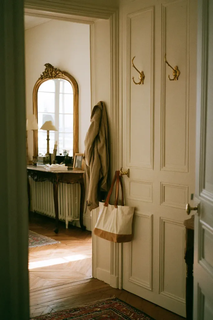 A pair of unlacquered brass wall hooks mounted beside the door, holding a coat and a canvas tote, with the console table and mirror visible just beyond them.