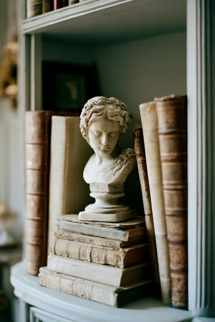 A small classical bust resting on a stack of books at the center of the shelf, with taller volumes leaning slightly against it on either side.