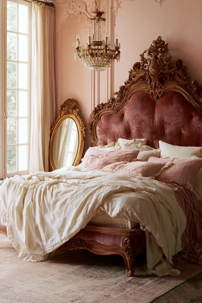 A fully styled romantic Parisian bedroom: carved wood headboard upholstered in dusty rose velvet, layered ivory linen bedding, a gilded oval mirror, and a small crystal chandelier overhead.