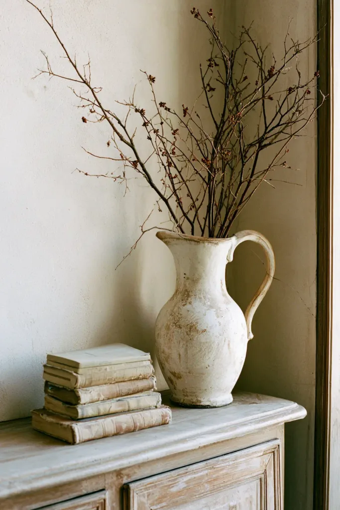 A weathered ceramic pitcher and a small stack of old books on a console table, the kind of small, easily shipped find that makes up most of a genuinely good Etsy vintage haul.