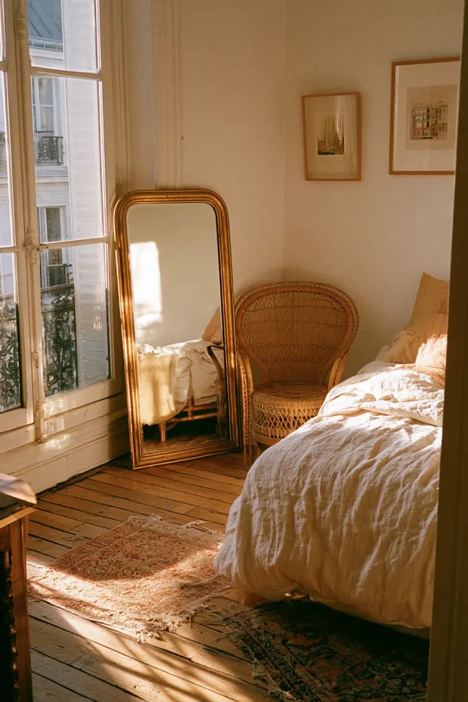 The finished budget bedroom: a leaned secondhand-style mirror, mismatched linen, a woven wicker chair, and a small rug underfoot, all working together without a single expensive piece.