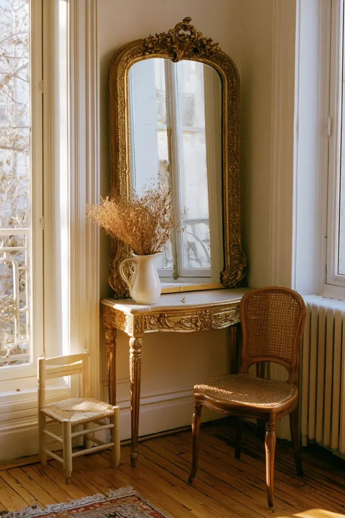 A finished corner built entirely from sourced pieces over time: a gilded mirror, a ceramic pitcher with dried stems, and a small woven chair, none bought on the same day or from the same seller.