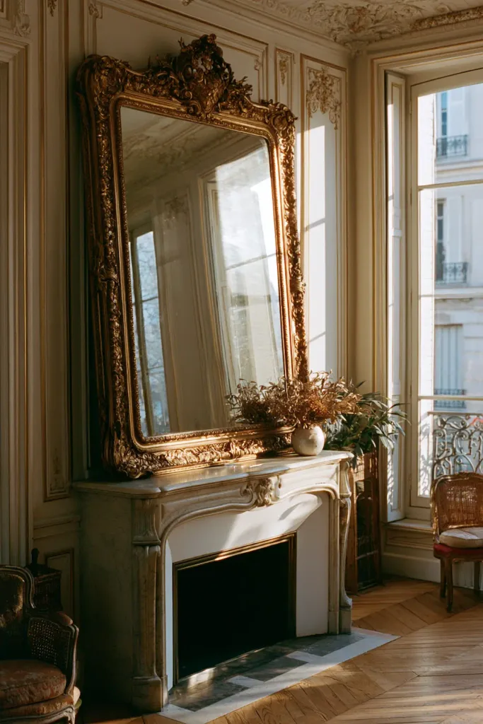 A large, ornately carved gold mirror leaning above a pale marble mantel, the kind of statement piece that justifies the higher prices and vetted-dealer model of a curated marketplace.