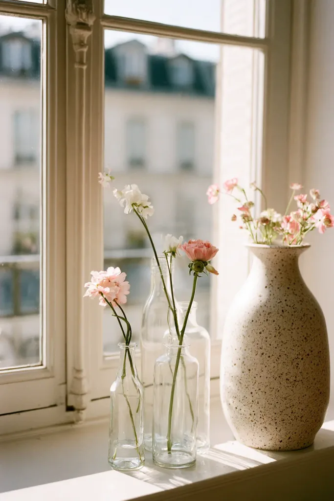 Three clear glass vases of different heights clustered together, each holding just one or two flower stems, beside the larger speckled ceramic vase.