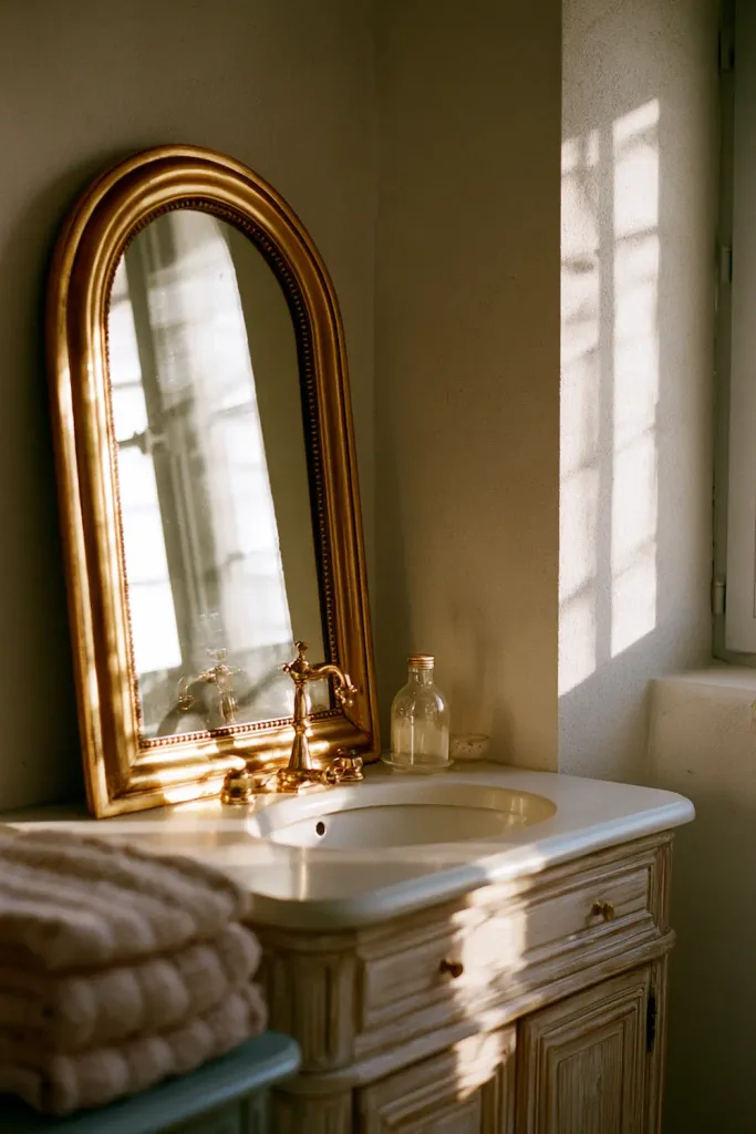 A gold arched mirror leaning against a bathroom wall above a simple vanity, with soft natural daylight catching the frame and a stack of folded towels nearby.