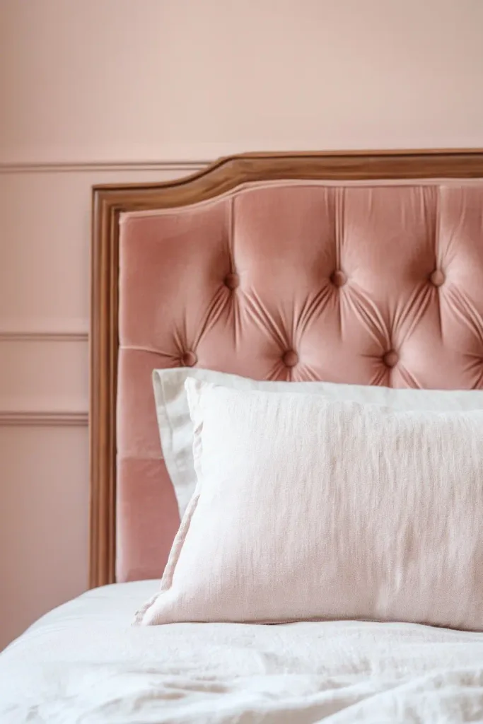 A low button-tufted headboard in faded dusty rose velvet against a blush pink paneled wall, with an ivory linen pillow.
