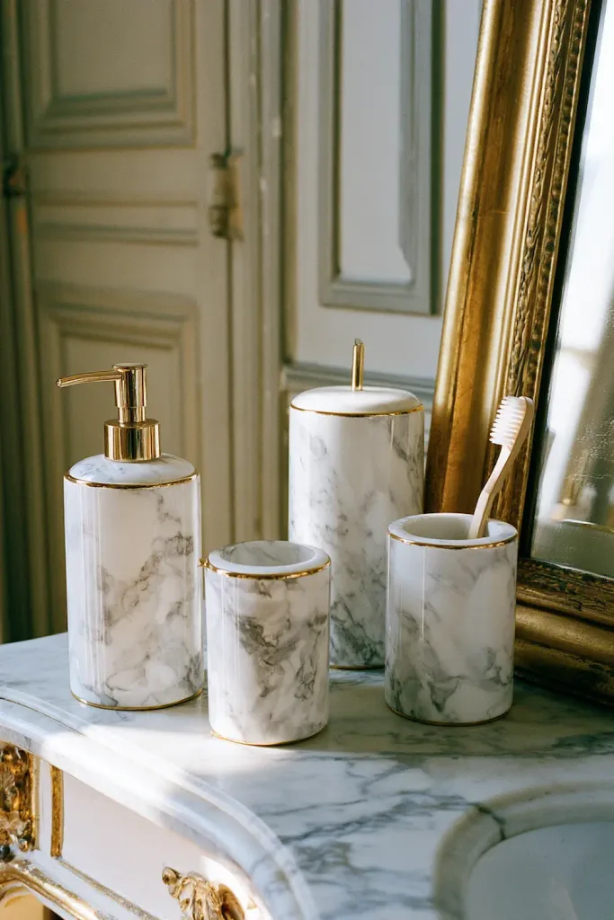 A marble-look soap dispenser and toothbrush holder set arranged on a vanity counter beside the leaned mirror, soft daylight catching the white and grey veining.