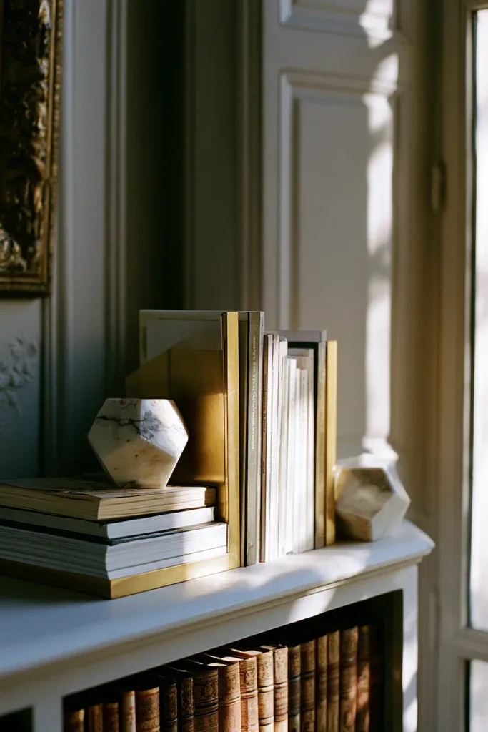A pair of geometric marble and brass bookends holding up a small stack of books at one end of the shelf, the stone-and-metal contrast catching soft daylight.