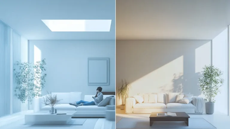 minimal home interior shown in a split image
