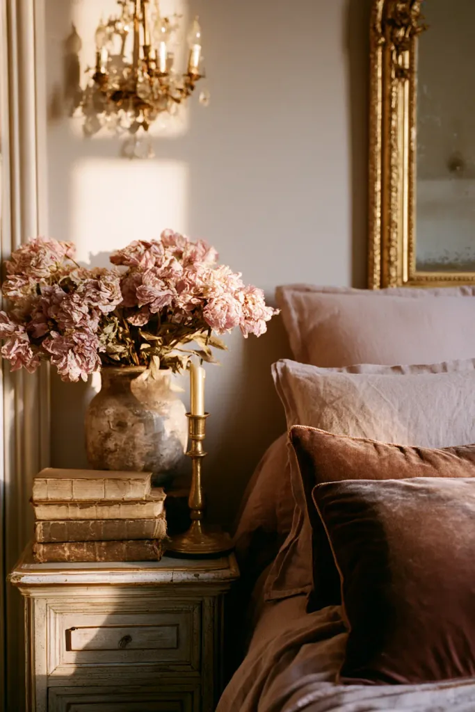 Dried pink peonies in a weathered stoneware vase beside a brass candlestick, resting on a stack of antique books on the nightstand, with a gilded mirror and small chandelier visible in the background.