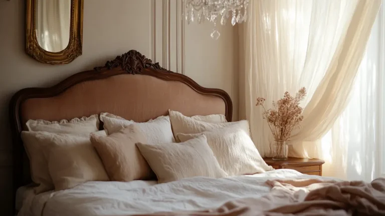 A romantic Parisian bedroom: carved wood headboard, layered linen pillows, a gilded oval mirror, and sheer curtains catching the afternoon light.