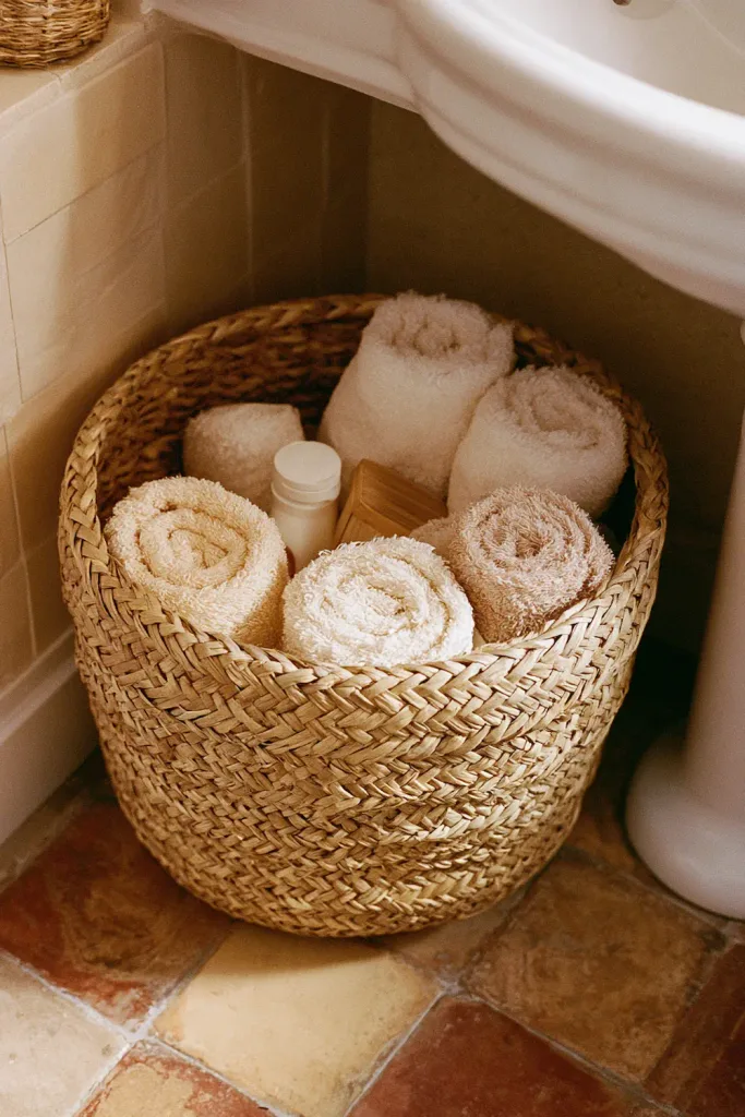A woven seagrass basket holding rolled towels and toiletries, tucked into the corner beside the vanity, adding warmth against the harder surfaces of tile and porcelain.