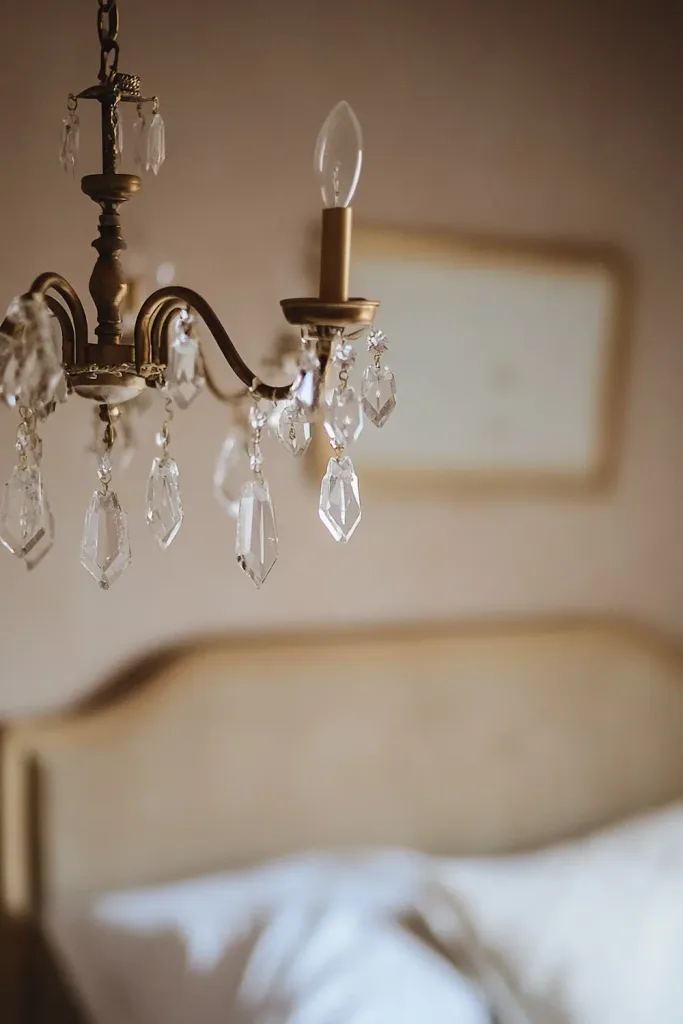 A small vintage-style crystal chandelier with brass arms and cascading crystal drops, softly lit against a warm beige wall.