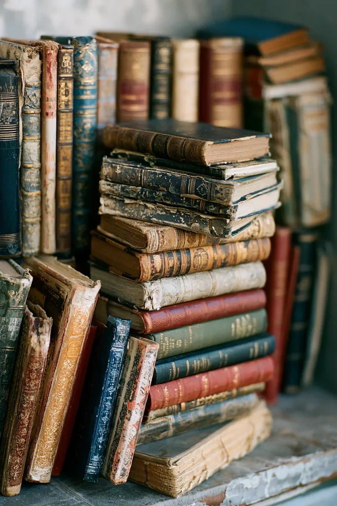 A mix of worn vintage hardcovers in varying heights and spine colors, stacked both upright and on their side, with visible age and a little asymmetry.