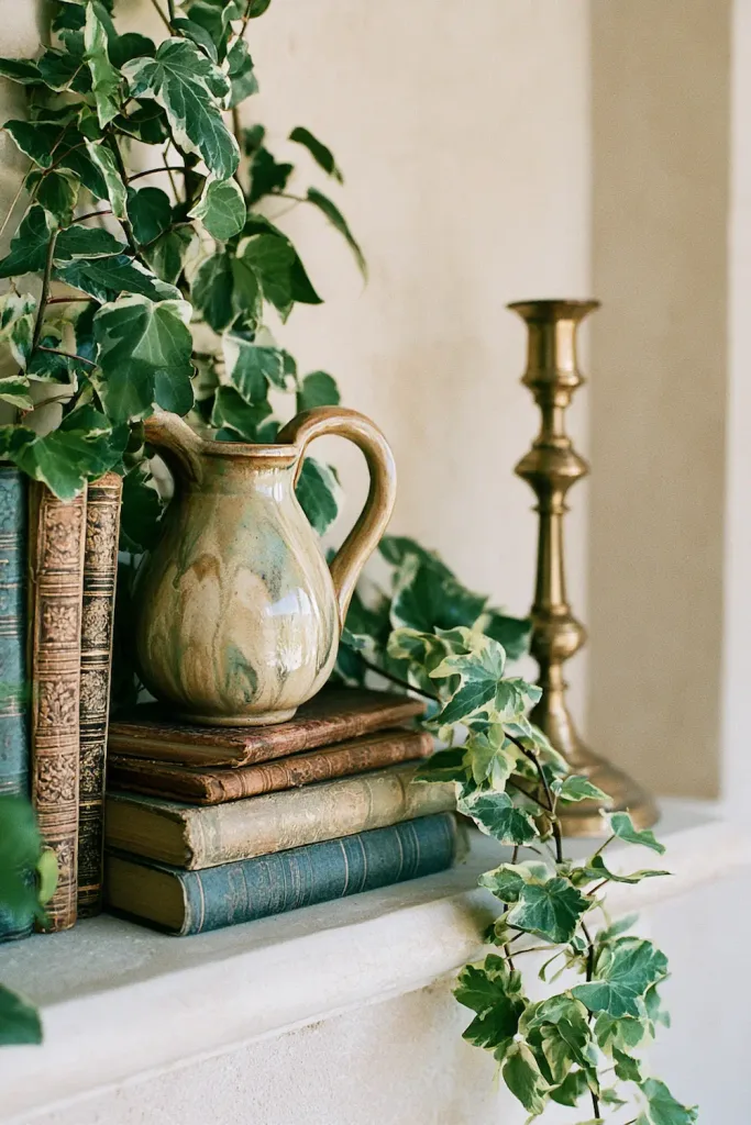 A small shelf styled with a mixed group of finds — a pitcher, a stack of books, a brass candlestick — none from the same seller or even the same platform, which is exactly how most genuinely collected shelves come together.