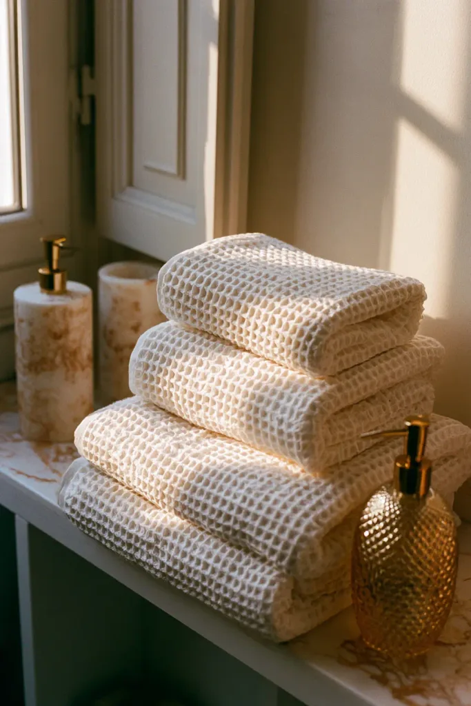 A neatly folded stack of white waffle-weave towels resting on the open shelf beside the marble-look accessories, with soft daylight from a nearby window.