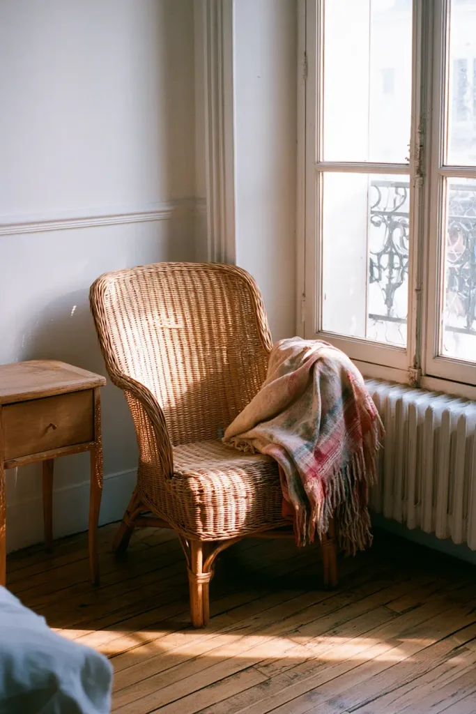 A simple woven wicker chair in the corner beside a small wood nightstand, with a faded throw draped over the arm — modest secondhand-furniture charm rather than a matched bedroom set.