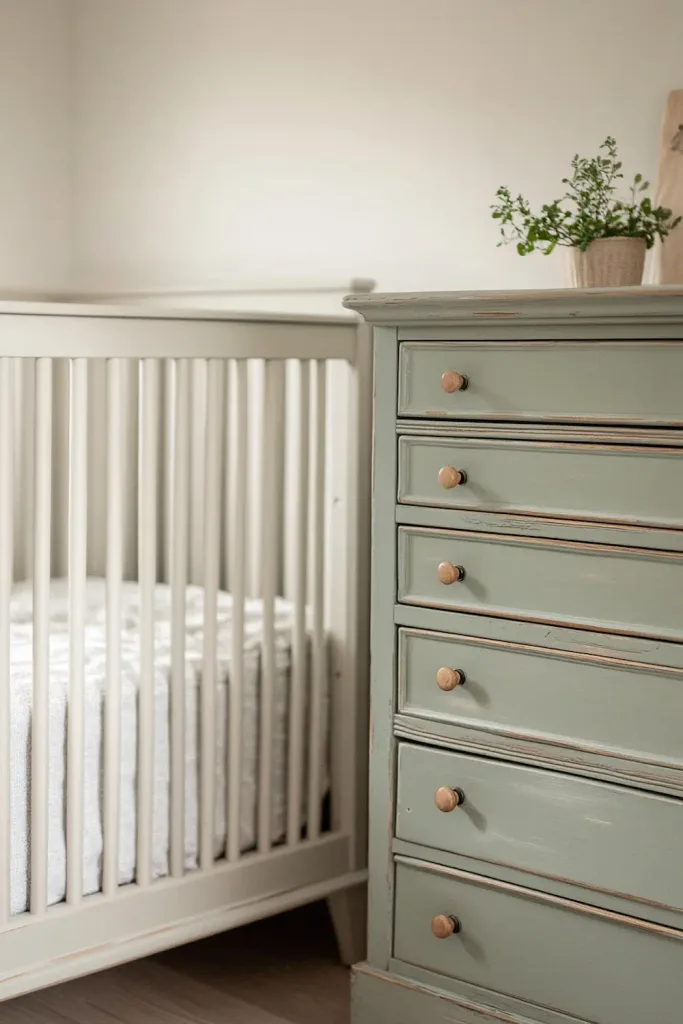 A new convertible crib in a washed natural wood finish with a simple, traditional spindle silhouette, positioned beside a genuinely vintage painted chest of drawers — the crib reads as vintage-inspired without being an actual vintage object.