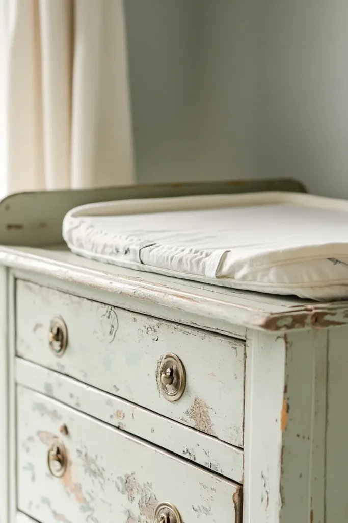 A genuinely vintage painted chest of drawers used as a changing station, with a new changing mat on top and an anti-tip furniture strap visible at the rear — vintage character, current safety standard.