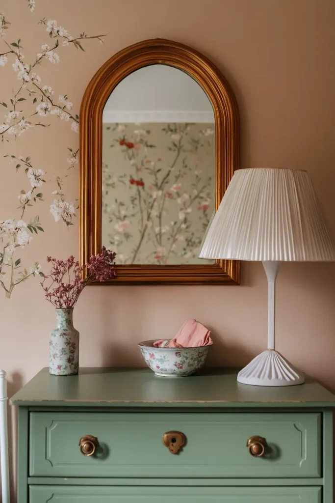 A genuinely vintage arched mirror leaned against the wall above a vintage dresser, paired with a vintage ceramic lamp base (rewired with new, certified cord) and a small dish for loose items — none of it touches the baby directly.