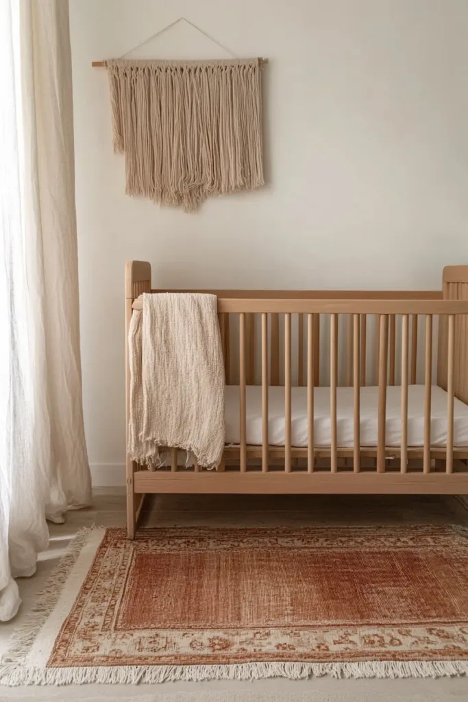 A genuinely vintage flat-weave wool rug, professionally cleaned, anchoring a nursery floor beside a new crib — the rug’s slightly faded pattern and irregular weave contribute the room’s sense of history.